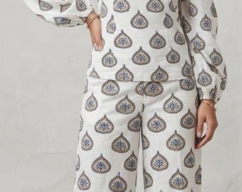 Hand Block Print Cotton Co-ord Set: Cold Shoulder Top, Wide Leg Pants – Resort Wear