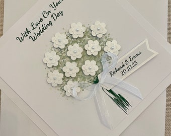 Luxury Personalised Handmade Pearl, Diamond Wedding Card with Envelope or Presentation Box