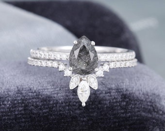 Four Prong 2.30 Carat Salt & Pepper Pear Cut Diamond engagement Ring, Bridal RIng Set, 925 Sterling Silver Ring Set