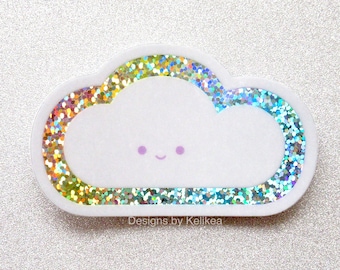 Kawaii Cute Holographic Glossy Happy Cloud Premium Vinyl Sticker | Ästhetischer Cloud Sticker | Hydrofläschchen Sticker | Laptop Aufkleber Sticker