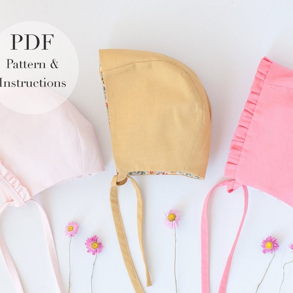 Baby Bonnet PDF Sewing Pattern,  Baby Sun Bonnet, Baby hat, Easy sewing pattern and Tutorial, Bonnet pattern 3 styles