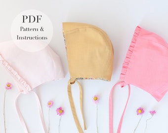 Baby Bonnet PDF Sewing Pattern,  Baby Sun Bonnet, Baby hat, Easy sewing pattern and Tutorial, Bonnet pattern 3 styles