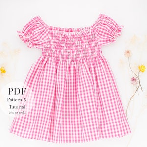 May include: PDF pattern and tutorial for a pink and white gingham dress for children ages 2 to 2 years old.