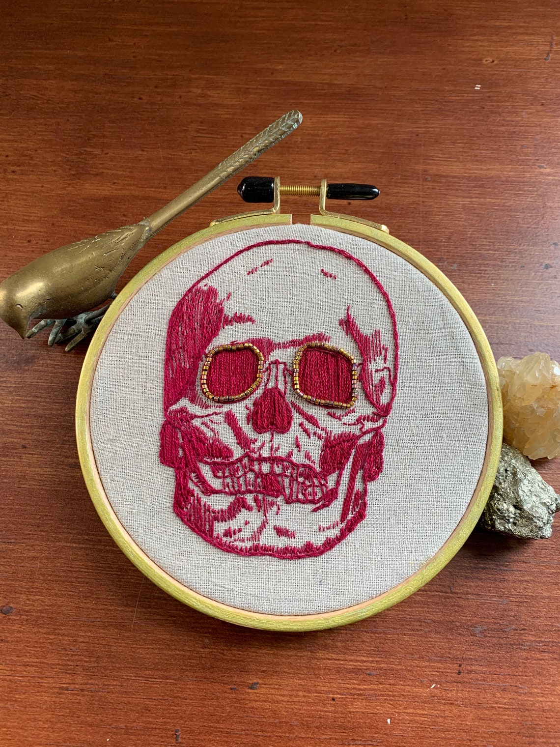 Handmade human skull embroidery art hoop w beading and  etsy Handmade human skull embroidery art hoop w beading and  etsy