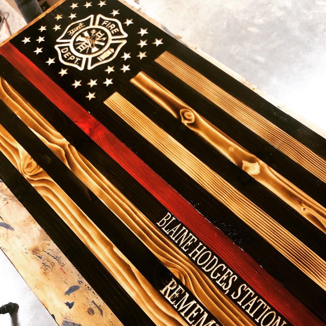 Fire Department Flag Veteran Made Rustic Flags Wall Art Etsy