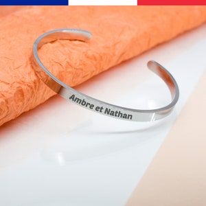 Personalized bangle bracelet - Ideal gift for wife, mom, friendship. Made in FRANCE - Shipping August 2 - Silver