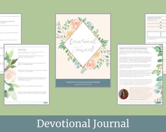 May include: A devotional journal with a floral design on the cover. The cover features a peach, pink, and white floral pattern with green leaves. The title "Devotional Journal" is written in a gold script font. The journal is created by Jessica & Kevin Johns.
