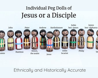 Individual Jesus or 12 Disciples Peg Doll, Bible Character Toy, Bible Hero, Bible Toy, Christian toy, Church Bag, Peg people, Quiet Time Toy