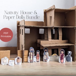 Op de afbeelding: Een downloadbare PDF om te printen voor een kerststal met een kartonnen huis en papieren poppen. De set bevat figuren van Jozef, Maria, baby Jezus, een ezel, een herder en twee schapen. De PDF is gemarkeerd met "PDF Printbaar".