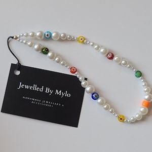90's Y2K Style Handmade Beaded Pearl Glass Flower Beads Millefiori Colourful Phone Charm Phone Strap Phone Accessories Lanyard Chain