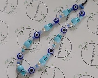90's Style Y2K Blue Evil Eye Phone Strap Charm Colourful Beaded Mobile Accessories