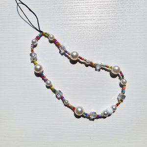 90's Y2K Inspired Handmade Beaded Crystal Pearl Multicoloured Gold Phone Strap Phone Charm Phone Accessories Phone Chain Phone Beads