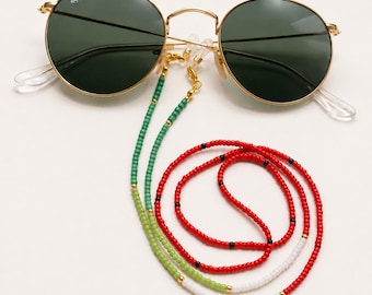 Cadena para gafas de sol con diseño de sandía, hecha a mano con cuentas rojas y verdes.