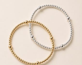 Pulsera elástica apilable de cuentas de oro laminado de 14k/plata de ley 925, 3 mm 5 mm