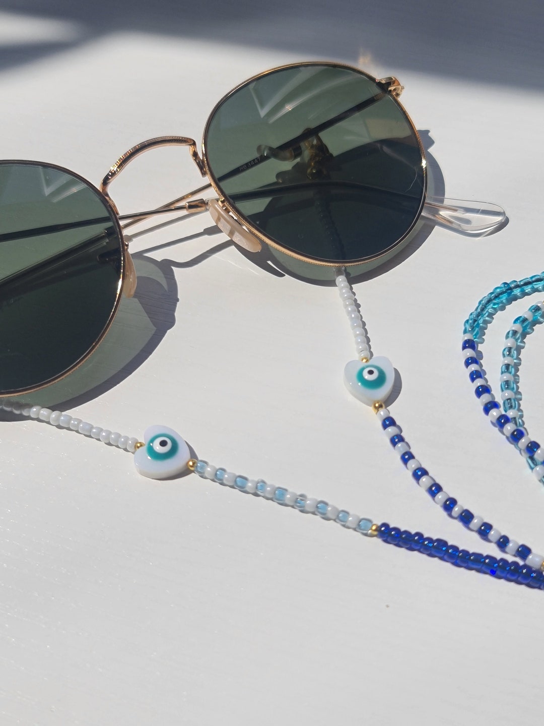 Sunglasses Chain Handmade Beaded Evil Eye Blue and White Beaded Glasses