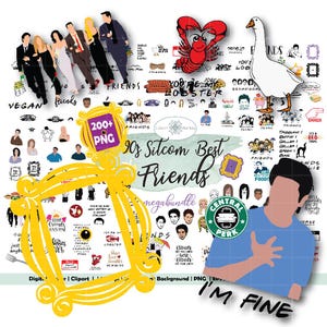 Può includere: Un pacchetto di clipart digitali con illustrazioni e grafiche ispirate alla sitcom anni '90 "Friends". Include ritratti di personaggi, citazioni, un logo Central Perk e una cornice gialla. È visibile anche il testo "90s Sitcom Best Friends".
