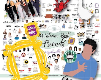 90er Jahre Sitcom Clipart Aufkleber Set | Retro TV Zitate, Freunde Elemente (Digitaler Download)