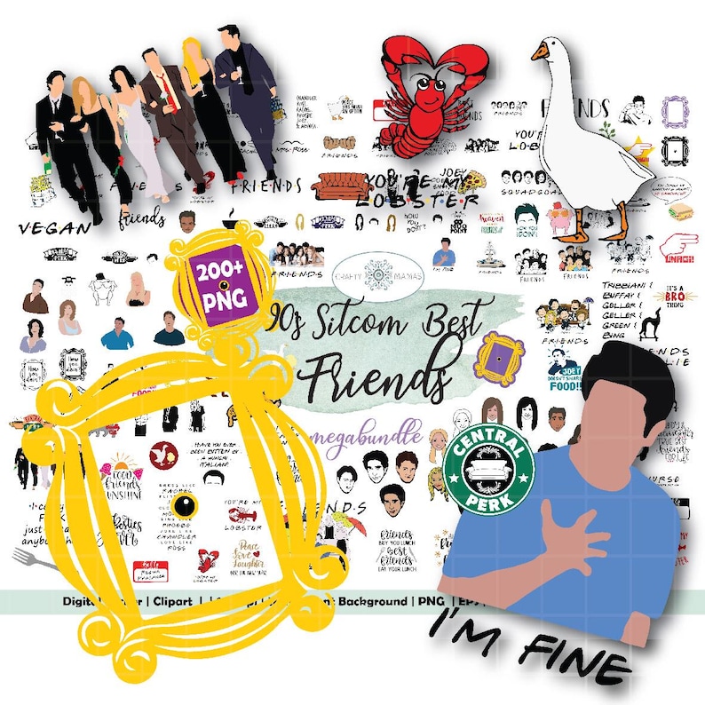 May include: A digital clipart bundle featuring illustrations and graphics inspired by the 90s sitcom "Friends." Includes character portraits, iconic symbols like the yellow frame, Central Perk logo, and the text "I'm Fine."