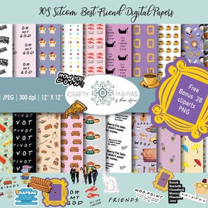 May include: Digital paper pack featuring various patterns and illustrations inspired by the 90s sitcom "Friends." Includes phrases like "I'll be there for you" and "How you doin'?" with a variety of themed clip art. The pack contains 28 PNG files, 12" x 12".