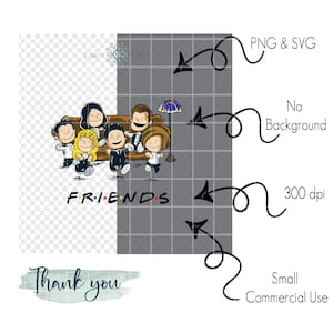 May include: A digital graphic featuring six cartoon characters from the TV show "Friends" sitting on a brown bench. The word "FRIENDS" is written in colorful letters below the characters. Additional text includes "PNG & SVG", "No Background", "300 dpi", and "Small Commercial Use".