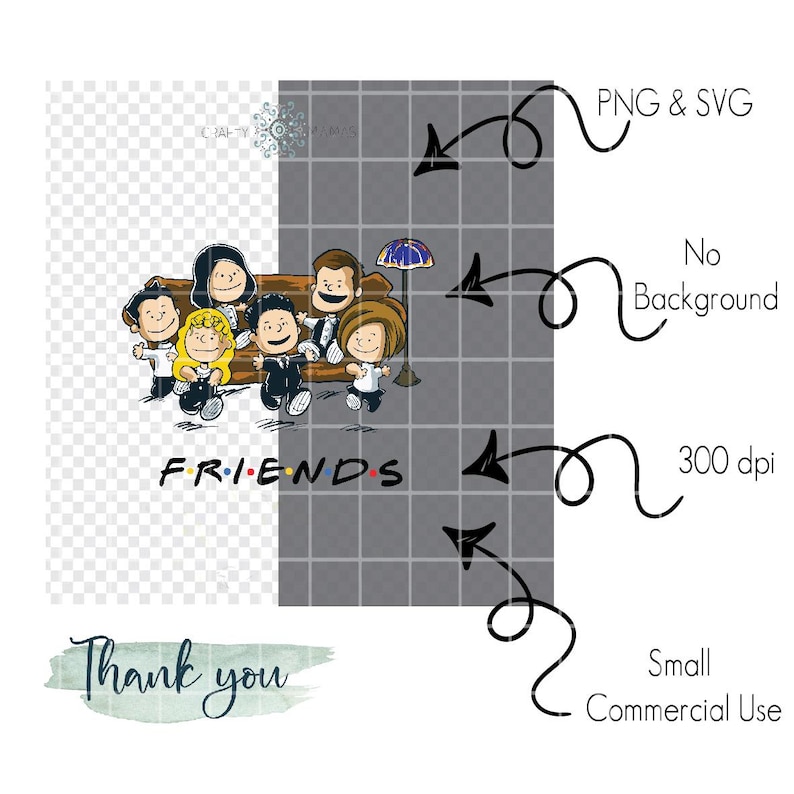 May include: A digital graphic featuring six cartoon characters from the TV show "Friends" sitting on a brown bench. The word "FRIENDS" is written in colorful letters below the characters. Additional text includes "PNG & SVG", "No Background", "300 dpi", and "Small Commercial Use".