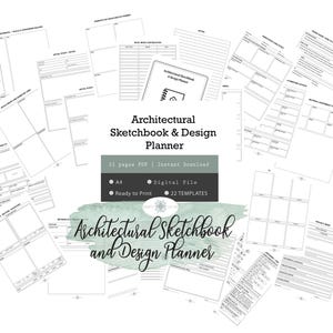 Peut inclure: Un carnet de croquis et un planificateur de design architectural avec 22 modèles, prêt à imprimer. Le planificateur comprend diverses pages pour les notes, les croquis et la planification de projets. Le texte dit "Architectural Sketchbook & Design Planner".
