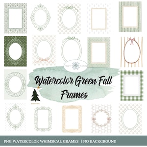 Op de afbeelding: Een verzameling van diverse rechthoekige en ovale kaders in tinten groen, wit en beige, met patronen zoals ruiten, stippen en bloemmotieven. De centrale tekst luidt "Crafty Mamas Watercolor Green Fall Frames" met een klein boomicoon.