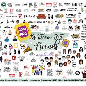 Può includere: Un set di adesivi digitali con oltre 200 immagini PNG a tema sitcom anni '90 "Friends". La collezione include ritratti di personaggi, citazioni iconiche e immagini come il logo Central Perk, un divano e un'aragosta. È presente anche il testo "90s Sitcom Best Friends".