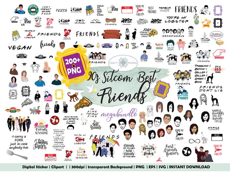 May include: A digital sticker set featuring over 200 PNG images related to the 90s sitcom "Friends." The collection includes character portraits, iconic quotes, and imagery like the Central Perk logo, a sofa, and a lobster. The words "90s Sitcom Best Friends" are also present.