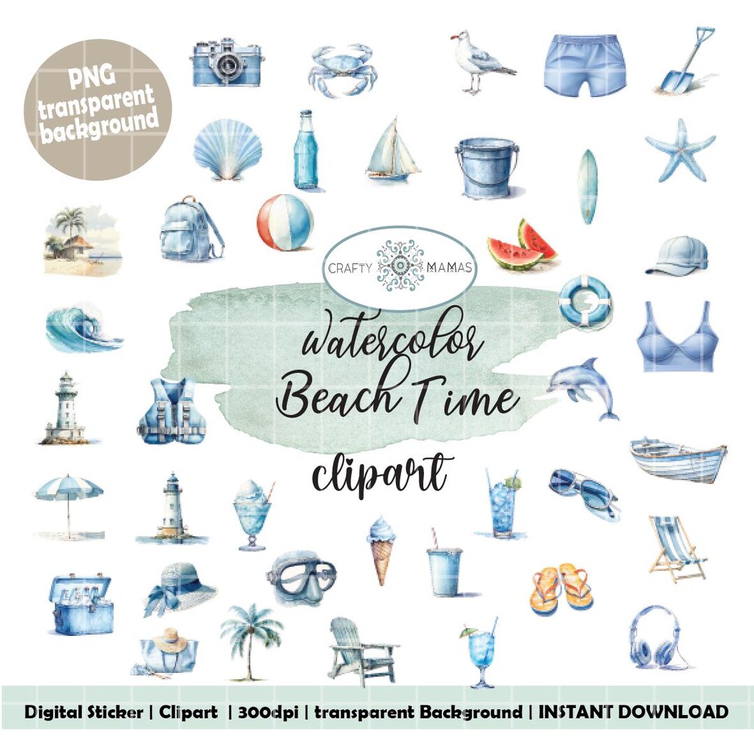 Watercolor Beach Clipart Bundle | Beach Time PNG Graphics (digital ...