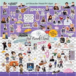 Może przedstawiać: Kolekcja naklejek clipart PNG z postaciami i cytatami z sitcomu z lat 90. "Friends". Naklejki zawierają frazy takie jak "How you doin'?", "I know!!!" i "Oh. My. God.", a także różne ilustracje postaci.