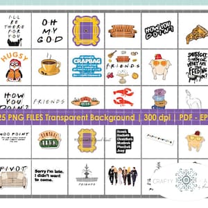 Può includere: Una raccolta di 25 file PNG con sfondo trasparente. Le immagini presentano varie citazioni e illustrazioni della serie TV "Friends", tra cui l'iconico divano, il logo Central Perk e riferimenti ai personaggi. Il file include formati PDF ed EPS.