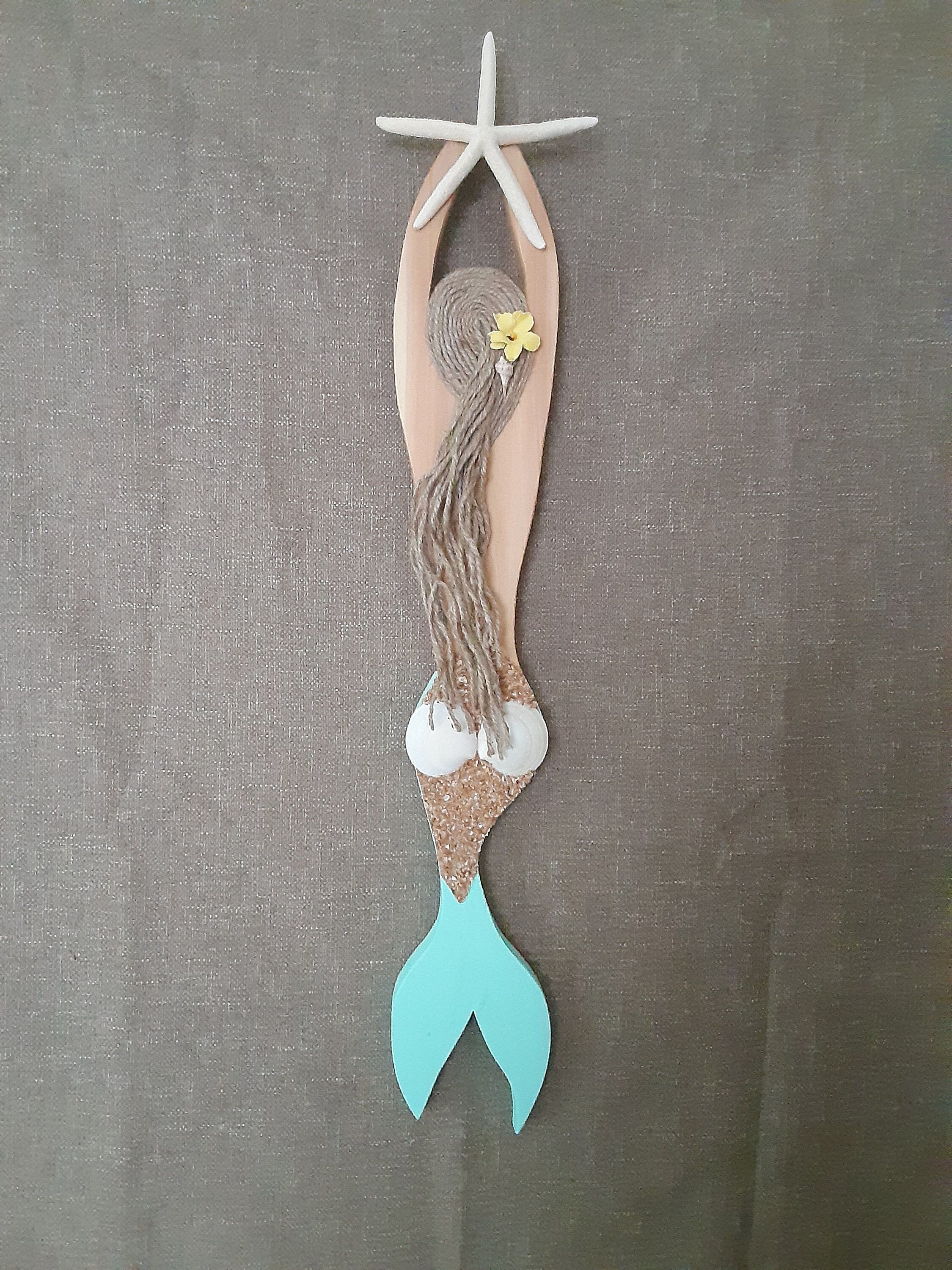 Wood mermaid wall hanging in light blue with shells and a Etsy