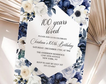 Navy Blush Floral 100th Birthday Invitation (Printable)