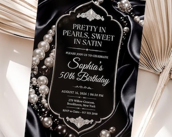 Elegante invito di compleanno in raso perlato, modello Canva per feste glamour (download digitale)