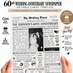May include: A 60th wedding anniversary newspaper template titled The Wedding Times, featuring a black and white photograph of a couple, historical facts from 1966, pop culture highlights, and statistics about the year, designed for digital editing.