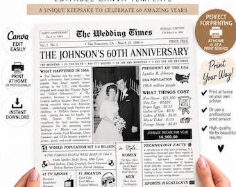 60th Anniversary Newspaper Canva Template, 1966 Wedding Infographic Printable Gift, 60 Years Married Poster for Parents or Couple