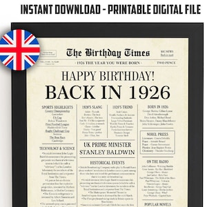 Krantenposter 99e verjaardag terug in 1926 Afdrukbaar bord Verjaardag 1926 Leuke weetjes 99 jaar geleden Britse digitale download