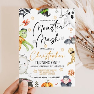 May include: A Monster Mash themed birthday party invitation with a watercolour illustration of a ghost, a bat, a mummy, a vampire, a witch, a Frankenstein monster, a cauldron, a pumpkin, and a lollipop. The invitation is for Christopher's first birthday party. The text on the invitation reads "You're invited to a Monster Mash to celebrate Christopher turning one! Saturday, September 21st at 5:00 PM. Christopher's House, 123 Anywhere St., Any City, ST 12345. RSVP at Megan 123-456-7890."