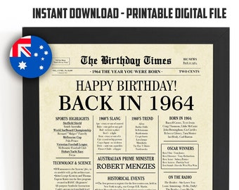 1964 AUSTRALIA, 59th birthday newspaper print Australian, 1964 birthday poster INSTANT DOWNLOAD, 59 years ago back in 1964 print Aussie