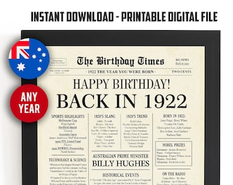 1922 AUSTRALIA, 102nd birthday newspaper print Australian, 1922 birthday poster INSTANT DOWNLOAD, 102 years ago back in 1922 print to Aussie