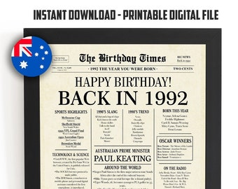 1992 AUSTRALIA, 32nd Birthday Newspaper Australian, 32nd Birthday Gift, 1992 Birthday Poster 32 Years Ago Back in 1992, 32nd Anniversary