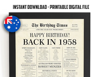 1958 AUSTRALIA, 66th birthday newspaper print Australian, 1958 birthday poster INSTANT DOWNLOAD, 66 years ago back in 1958 print for Aussie