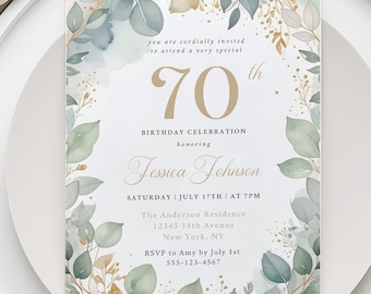 Elegant 70th Birthday Invitation: Greenery Eucalyptus, Gold Theme (Canva Template Digital Download