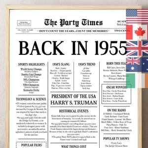 70. Geburtstag Zeitung Poster — Back in 1955 Schild, Was 1955 Geschah, Lustige Fakten vor 70 Jahren, Vintage druckbares Dekor, Last-Minute Geschenk