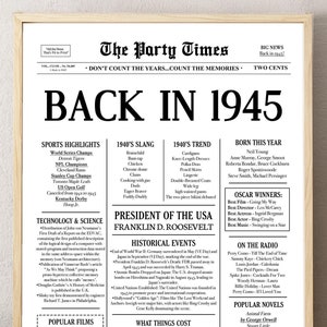 80. Geburtstag Zeitung Poster — Back in 1945 Schild, was 1945, vor 80 Jahren passiert ist, lustige Fakten, Vintage Geburtstag Dekoration, Geschenk in letzter Minute