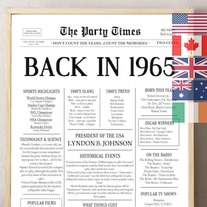 60. Geburtstag Zeitung Poster — Back in 1965 Schild, was 1965, vor 60 Jahren passiert ist, lustige Fakten, Vintage druckbares Dekor, Last-Minute Geschenk