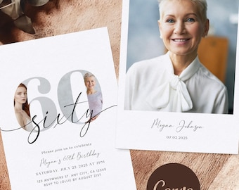 60th Birthday Invitation: Minimalist Boho Evite (Canva Template Digital Download)