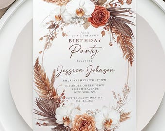 Terracotta Floral 50th Birthday Invitation: Elegant Boho Canva Template (Digital Download)
