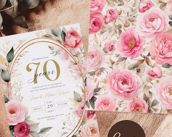 Blush Pink Floral 70th Anniversary Invitation: Canva Template (Digital)
